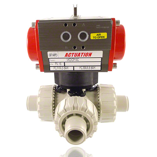 PP 3-Way Ball Valve / T-bore ball, Pneumatically  actuated, plain male ends, SA - single acting, EPDM