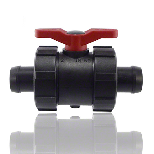 2-ways ball valve PPGF, hosetail spigots, EPDM  = red lever