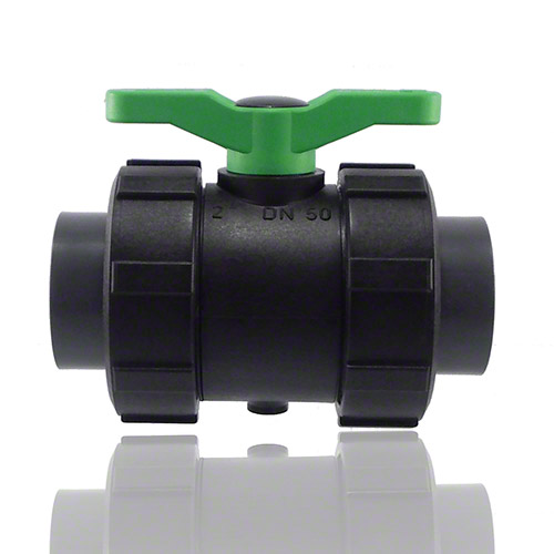 2-ways ball valve PPGF, PVC-U metric sockets, FPM = green handle