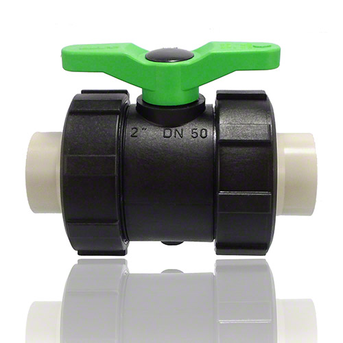 2-ways ball valve PPGF, PP-H metric sockets, FPM = green handle