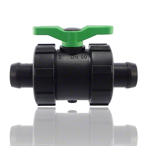 2-ways ball valve PPGF, hosetail spigots, FPM = green lever