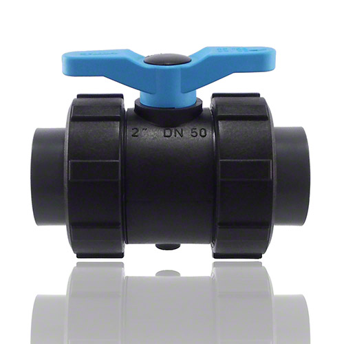 2-ways ball valve PPGF, PVC-U metric sockets, FEP/FFPM  = blue handle