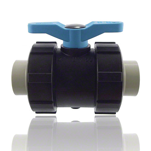 2-ways ball valve PPGF, PP-metric sockes, FEP/FFPM = blue handle