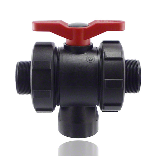 3-ways ball valve PPGF, male thread , EPDM = red handle