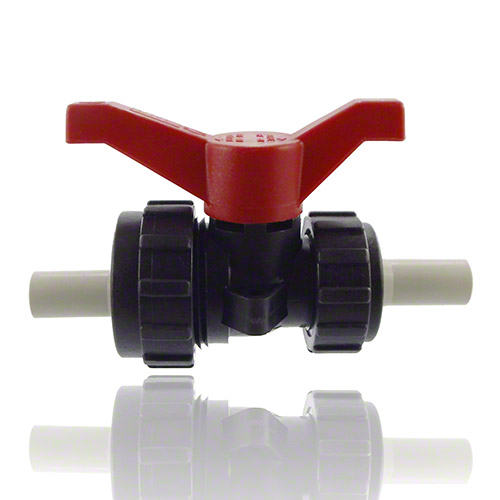 2-ways ball valve PPGF, PP-H metric sockets, EPDM = red handle