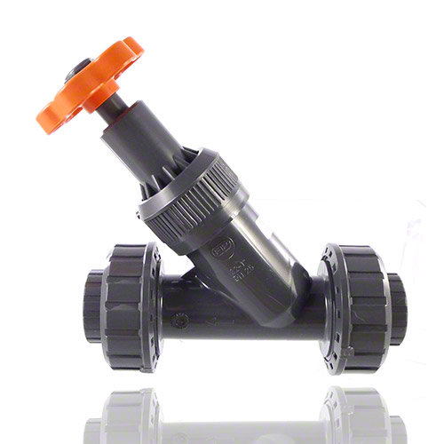 PVC-U Angle seat valve, female union ends, for solvent welding, metric series, EPDM