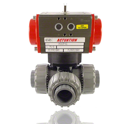 ABS 3-Way Ball Valve / L-bore ball, Pneumatically  actuated, plain female ends, SA - single acting, EPDM