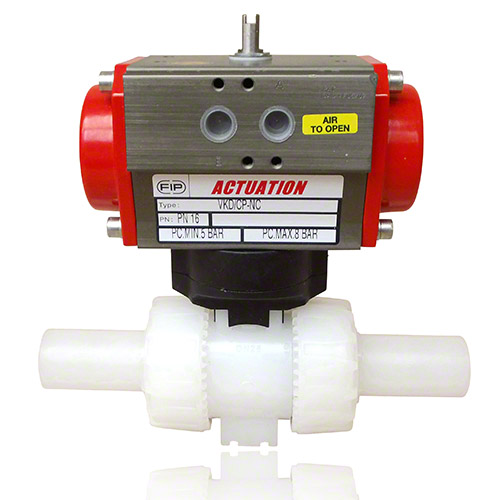 PVDF 2-Way Ball Valve, Dual Block, Pneumatically actuated, plain male ends, NC, FPM