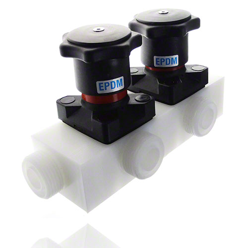 Multiway Valve made of PP-natur with two handwheels, Diaphragm EPDM