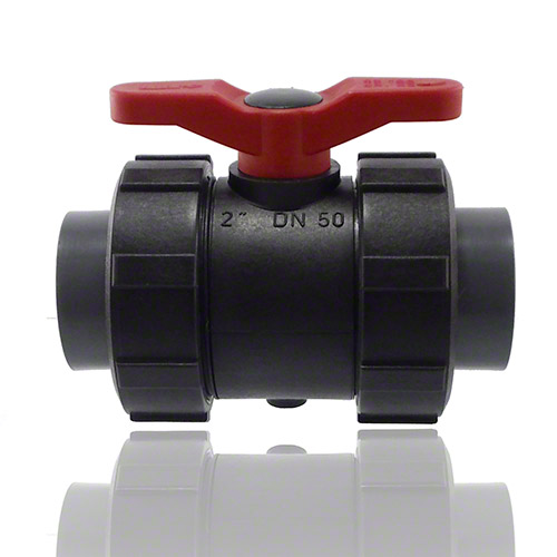 2-ways ball valve PPGF, PVC-U metric sockets, EPDM = red handle
