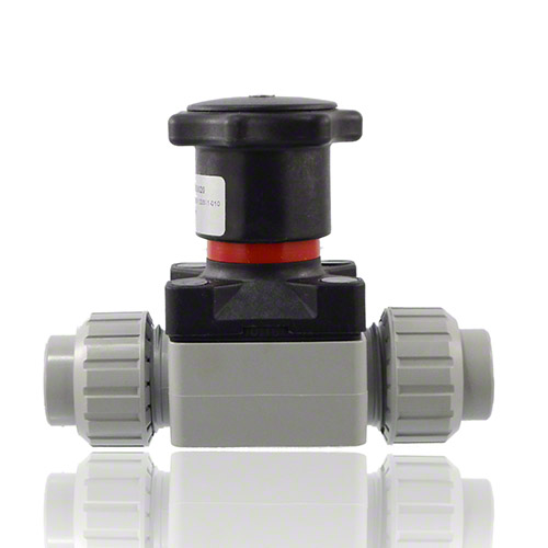 PP Compact diaphragm valve with female union ends for socket welding, metric series, EPDM