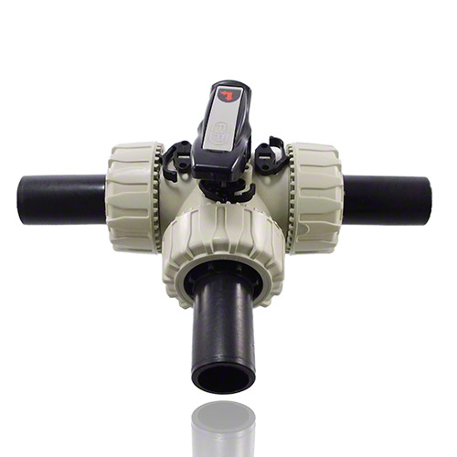 PP 3-Way Ball Valve with Long spigot PE100 SDR 11 end connectors for joints with electrofusion fittings or for butt weldings, L-port ball, FPM