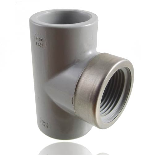 PVC-C Tee 90°, socket - threaded female, with stainless steel reinforcing ring