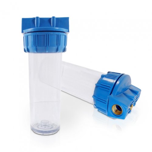 RF standard Water filter filter housing 10 inch,  with 1/2 inch MS-female-threaded, blue/transparent