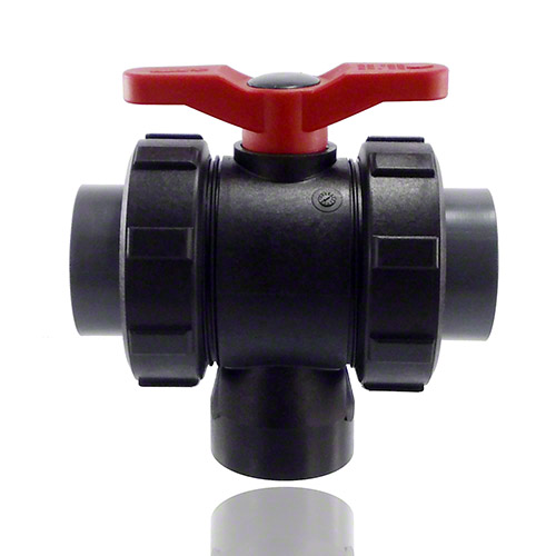 3-ways ball valve PPGF, PVC-U-gluing sleeves, EPDM = red handle