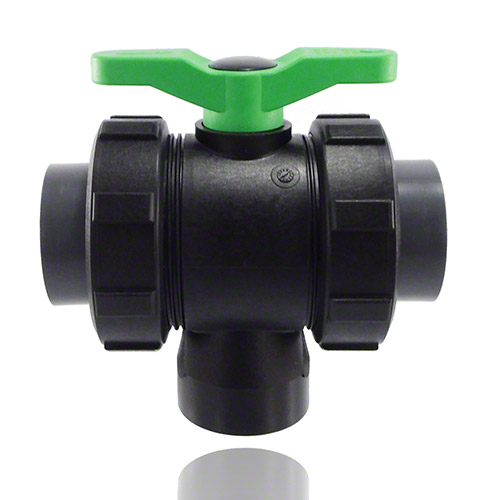 3-ways ball valve PPGF, PVC-U-gluing sleeves, FPM = green handle