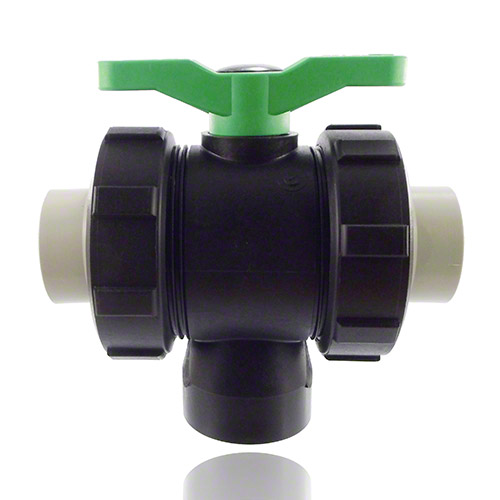3-ways ball valve PPGF, PP-sleeves, FPM  = green handle