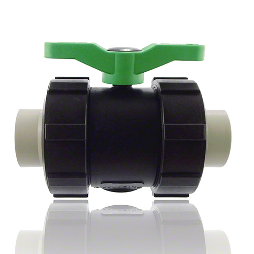 2-ways ball valve PPGF, PE-sockets, FPM = green handle