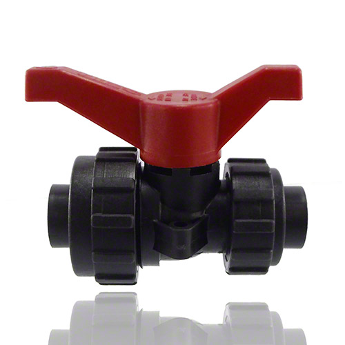 2-ways ball valve PPGF, PVC-U metric sockets, EPDM   = red handle