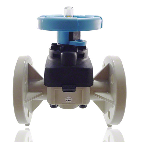 diaphragm valve PP-H, DIN-flanges, PTFE = blue handwheel