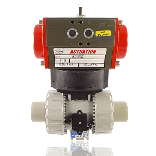 PVC-C 2-Way Ball Valve, Dual Block, Pneumatically actuated, plain male ends, NC, FPM