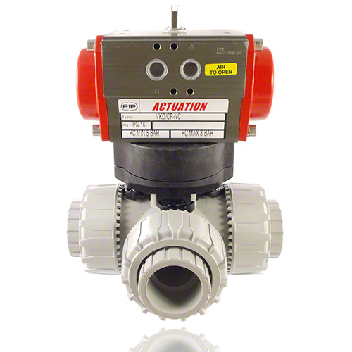 PVC-C 3-Way Ball Valve / T-bore ball, Pneumatically  actuated, plain female ends, SA - single acting, FPM