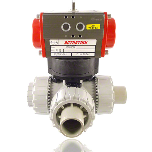 PVC-C 3-Way Ball Valve / T-bore ball, Pneumatically  actuated, plain male ends, SA - single acting, EPDM