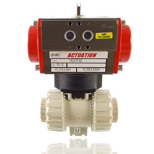 PP 2-Way Ball Valve, Dual Block, Pneumatically actuated, threaded female ends, NO, EPDM