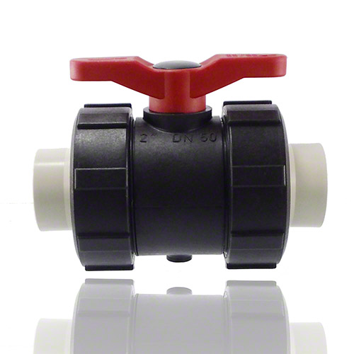 2-ways ball valve PPGF, PP-metric sockets, EPDM  = red handle