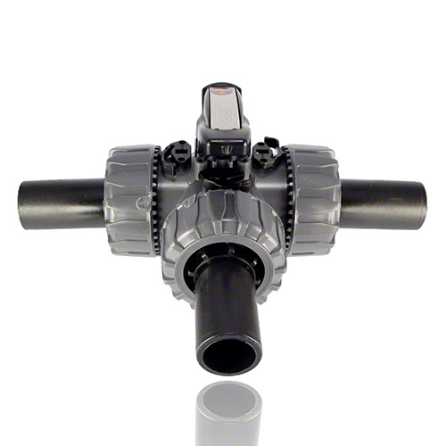 PVC-U 3-Way ball valve, PE100 SDR 11 male end, L-port ball, FPM