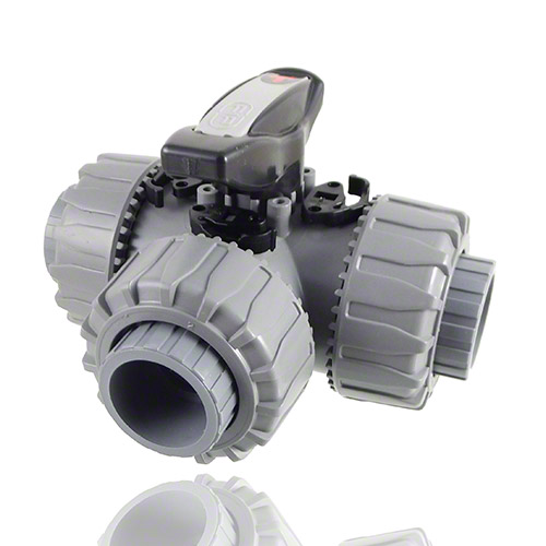 ABS 3-Way Ball Valve with female ends for solvent welding, L-port Ball, EPDM O-Ring