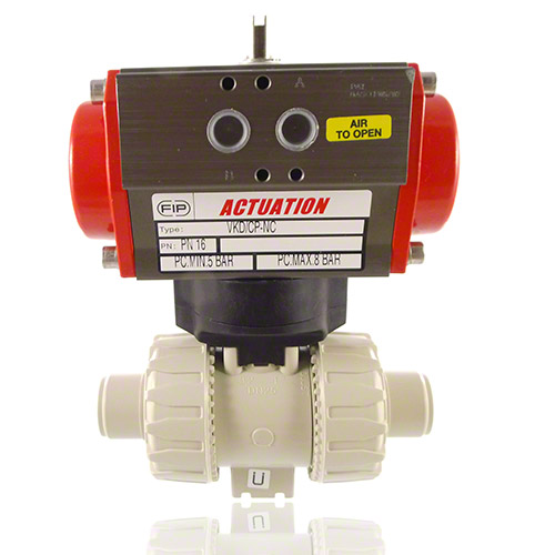 PP 2-Way Ball Valve, Dual Block, Pneumatically actuated, plain male ends, NC, FPM