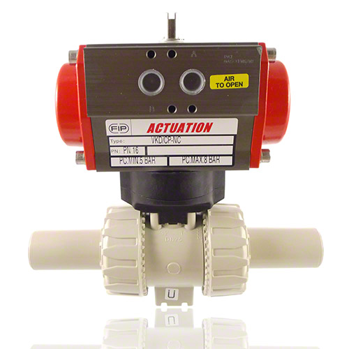 PP 2-Way Ball Valve, Dual Block, Pneumatically actuated, PP SDR 11 male end, NO, EPDM