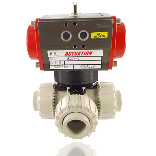 PP 3-Way Ball Valve / T-bore ball, Pneumatically  actuated, plain female ends, SA - single acting, FPM