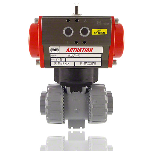ABS 2-Way Ball Valve, Dual Block, Pneumatically actuated, plain female ends, NO, FPM
