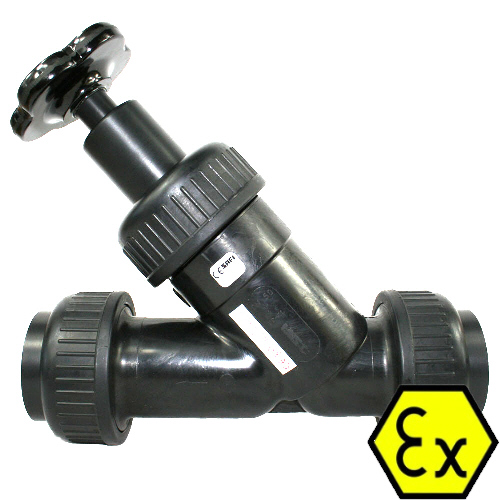 Angle seat manual shut-off valve made of PE-electrically conductive, PE-el socket weld connection, EPDM seal
