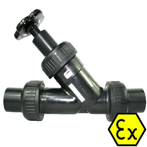 Angle seat manual shut-off valve made of PE-electrically conductive, PE-el butt weld connection, EPDM seal