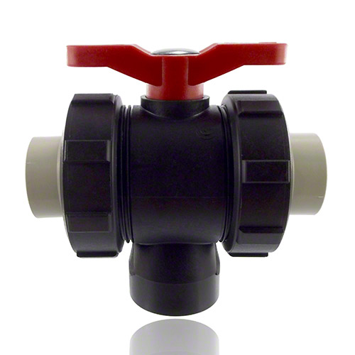 3-ways ball valve PPGF, PP-sleeves. EPDM = red handle