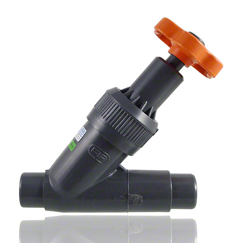 PVC-U Angle seat valve, male ends for solvent welding, FPM