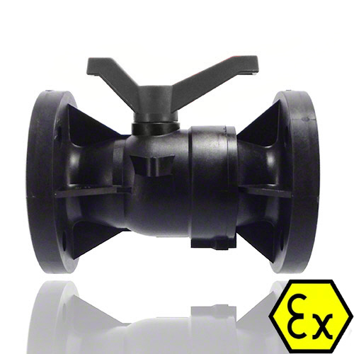 2-way flanged ball valve made of electrically conductive polypropylene, DIN flanges, EPDM seal