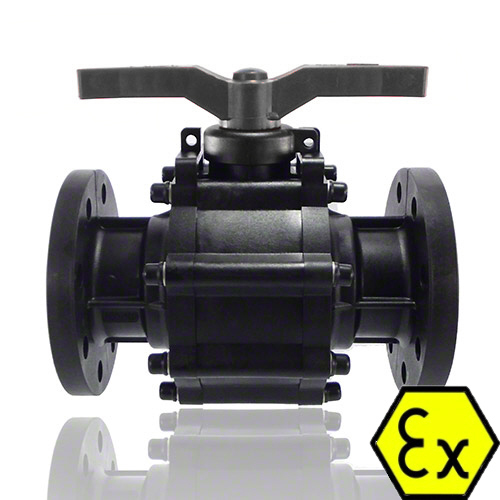 2-way flanged ball valve made of electrically conductive polypropylene, DIN flanges, EPDM seal
