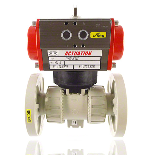 PP 2-Way Ball Valve, Dual Block, Pneumatically actuated, fixed flange, NC, FPM