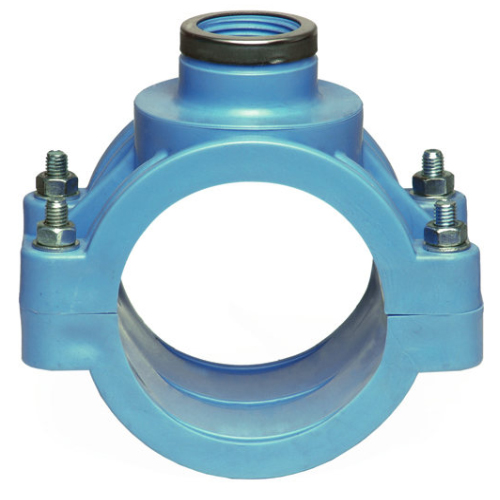 PP Compression fittings type UNIDELTA for PE pipes, tapping clamp blue version, with reinforcement ring