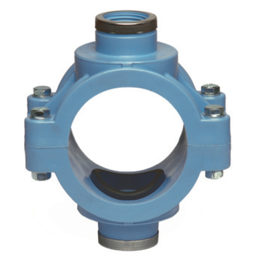 PP Compression fittings type UNIDELTA for PE pipes, double tapping clamp, blue version, with reinforcement ring