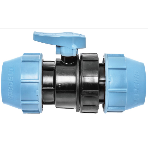 PP Compression fittings type UNIDELTA for PE pipes, PP ball valve, clamp connector on both sides
