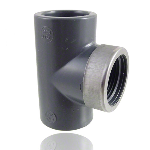 PVC-U Tee 90°, socket - threaded female, with stainless steel reinforcing ring