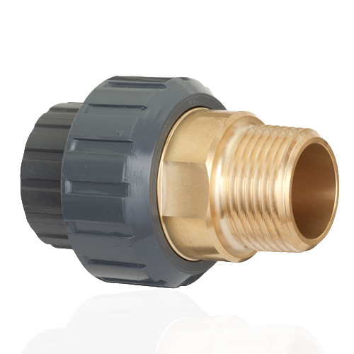 PVC-U / brass  - Adaptor union, solvent weld socket, BSP threaded male, EPDM