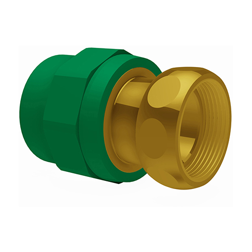 PP-RCT-gunmetal A-union female thread-cylindric for valves + water meter w/ flat-seal-EPDM green