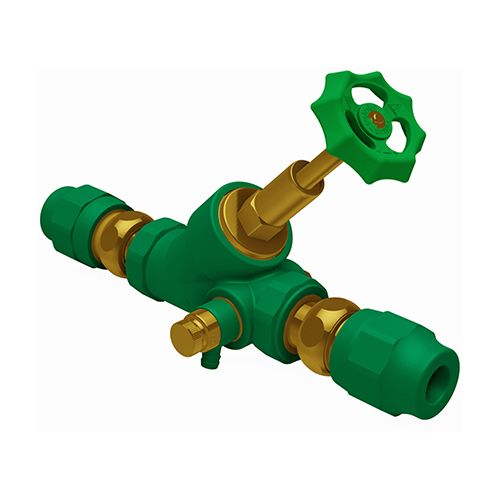 PP-RCT-RG valve slanted seat with draining + testing plug union connection green