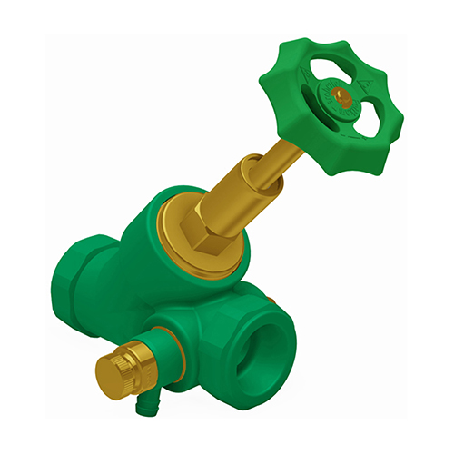 PP-RCT-RG valve slanted metalseat + draining + testing plug green